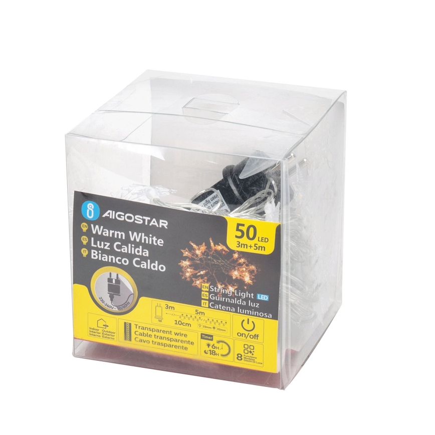 Aigostar - LED āra Ziemassvētku virtene 50 LED/8 režīmi 8m IP44 siltā balta