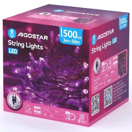Aigostar - LED āra Ziemassvētku virtene 500xLED/8 funkcijas 53m IP44 rozā