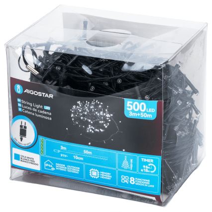 Aigostar - LED āra Ziemassvētku virtene 500xLED/8 funkcijas 50m IP44 auksti balta