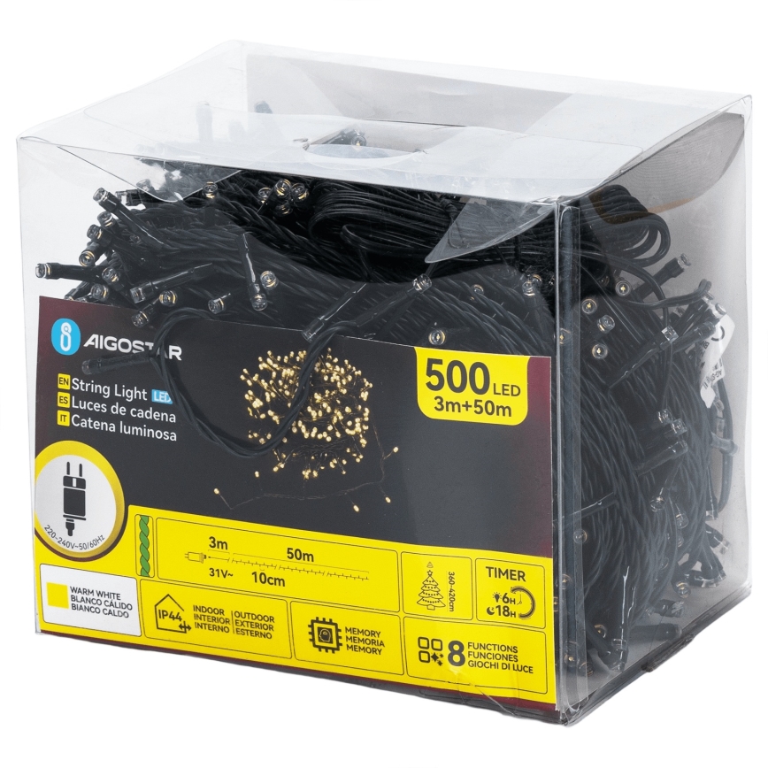 Aigostar - LED āra Ziemassvētku gaismas virtene 500 LED/8 funkcijas 50 m IP44 silti balta