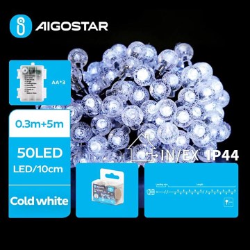 Aigostar - LED āra ziemassvētku virtene 50xLED/3xAA/8 režīmi 5,3 m IP44 auksti balta