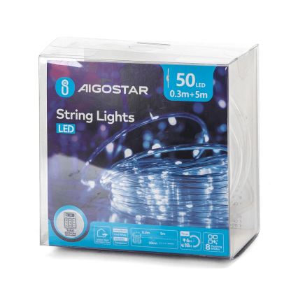 Aigostar - Āra LED Ziemassvētku virtene, 50 LED / 8 režīmi, 3xAA, 5,3 m, IP44, auksta balta