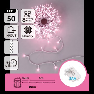 Aigostar - LED āra Ziemassvētku virtene 50xLED/8 funkcijas 3xAA 5,3m IP44 rozā