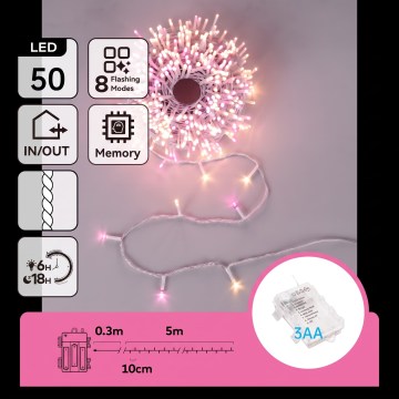 Aigostar - LED āra Ziemassvētku virtene 50xLED/8 funkcijas 3xAA 5,3m IP44 rozā/siltā balta