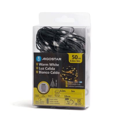 Aigostar - LED āra Ziemassvētku virtene 50xLED/8 funkcijas 3xAA 5,3m IP44 siltā balta