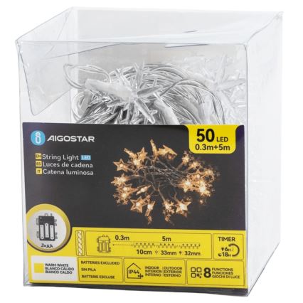 Aigostar - LED āra virtene, 50 LED, 8 apgaismojuma režīmi, darbināma ar 3x AA, 5 m, IP44, siltā balta, zvaigžņu dizains