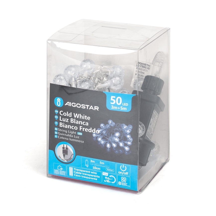 Aigostar - LED Āra Ziemassvētku virtene 50xLED/8 funkcijas 8m IP44 auksta balta