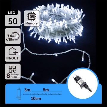 Aigostar - LED āra Ziemassvētku virtene 50xLED/8 funkcijas 8m IP44 auksti balta