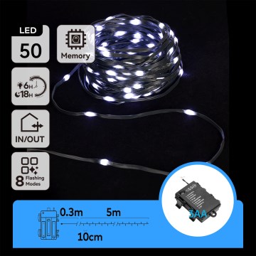 Aigostar -LED Āra Ziemassvētku virtene 50xLED/8 režīmi 3xAA 5,3m IP44 auksti balta