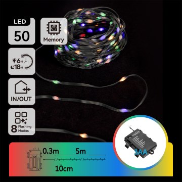 Aigostar - LED āra Ziemassvētku virtene 50xLED/8 režīmi 3xAA 5,3m IP44 daudzkrāsaina
