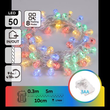 Aigostar - LED āra Ziemassvētku virtene 50xLED/8 režīmi 3xAA 5,3m IP44 daudzkrāsains