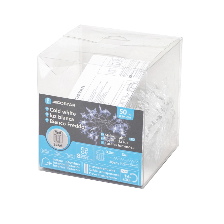 Aigostar - LED āra Ziemassvētku virtene 50xLED/8 režīmi 3xAA 5 m IP44 auksti balta