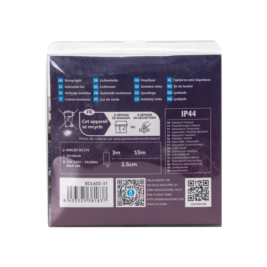 Aigostar - LED āra Ziemassvētku virtene 600xLED/8 funkcijas 18m IP44 silta balta