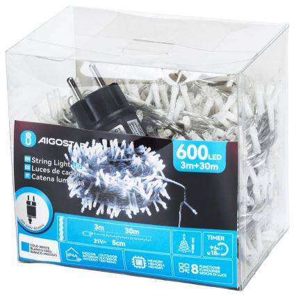 Aigostar - LED āra Ziemassvētku virtene 600xLED/8 režīmi 33m IP44 auksta balta