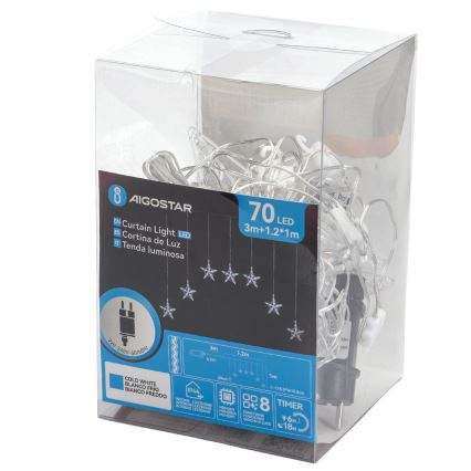 Aigostar - LED āra Ziemassvētku virtene 70xLED 1,2x1m IP44 auksti baltas zvaigznes