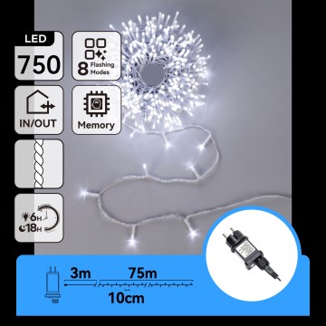 Aigostar - LED āra Ziemassvētku virtene 750xLED/8 režīmi 78m IP44 auksta balta
