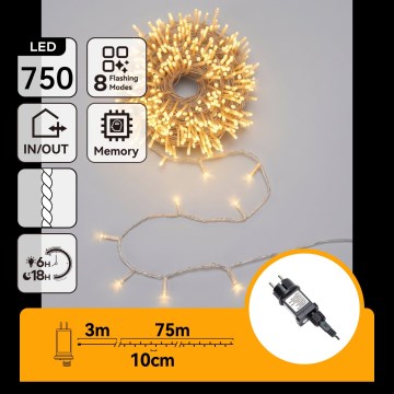 Aigostar - LED āra Ziemassvētku virtene 750xLED/8 režīmi 78m IP44 siltā balta