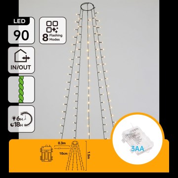 Aigostar - LED āra Ziemassvētku virtene 90xLED/8 funkcijas 3xAA 1,5m IP44 siltā balta