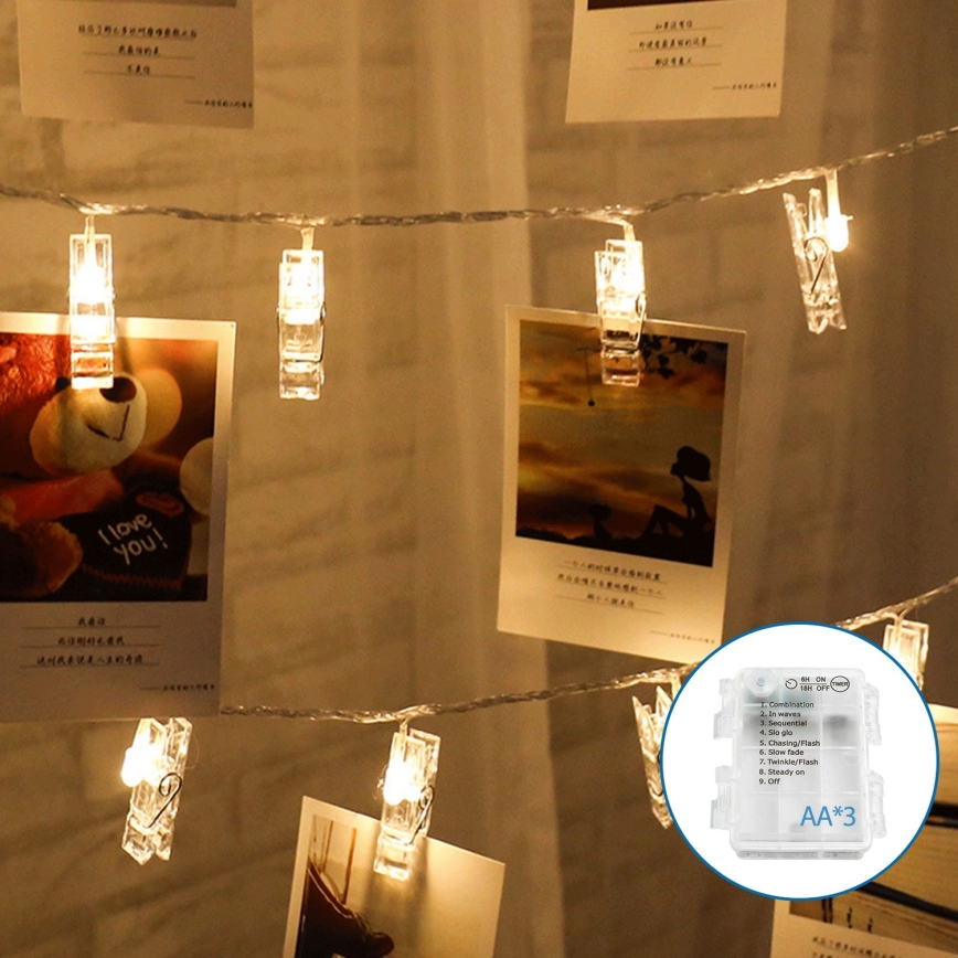 Aigostar - LED Dekoratīva virtene ar stiprinājumiem 20xLED/3xAA 3,3m silti balta