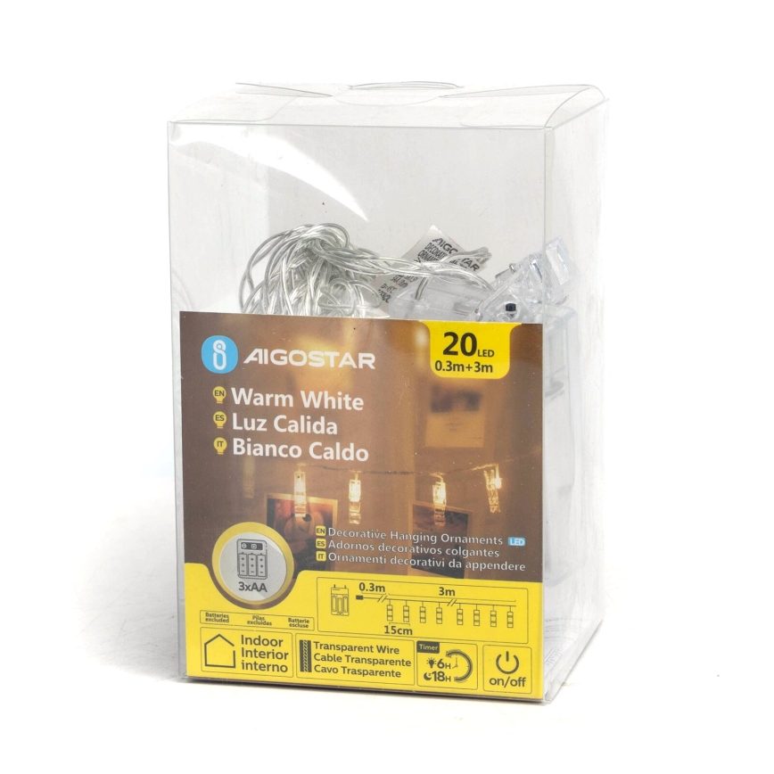 Aigostar - LED Dekoratīva virtene ar stiprinājumiem 20xLED/3xAA 3,3m silti balta
