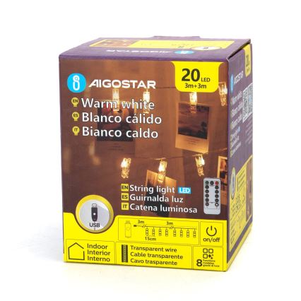 Aigostar - LED dekoratīvais virtenis 20xLED/5W/USB, 6 m, silti balta