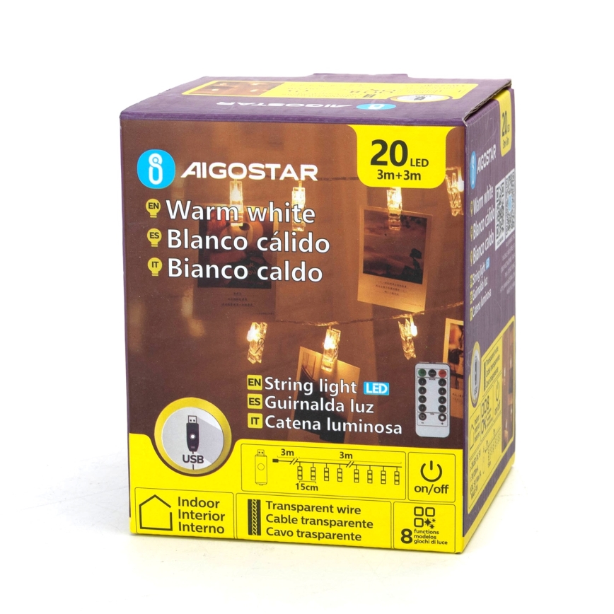 Aigostar - LED dekoratīvais virtenis 20xLED/5W/USB, 6 m, silti balta