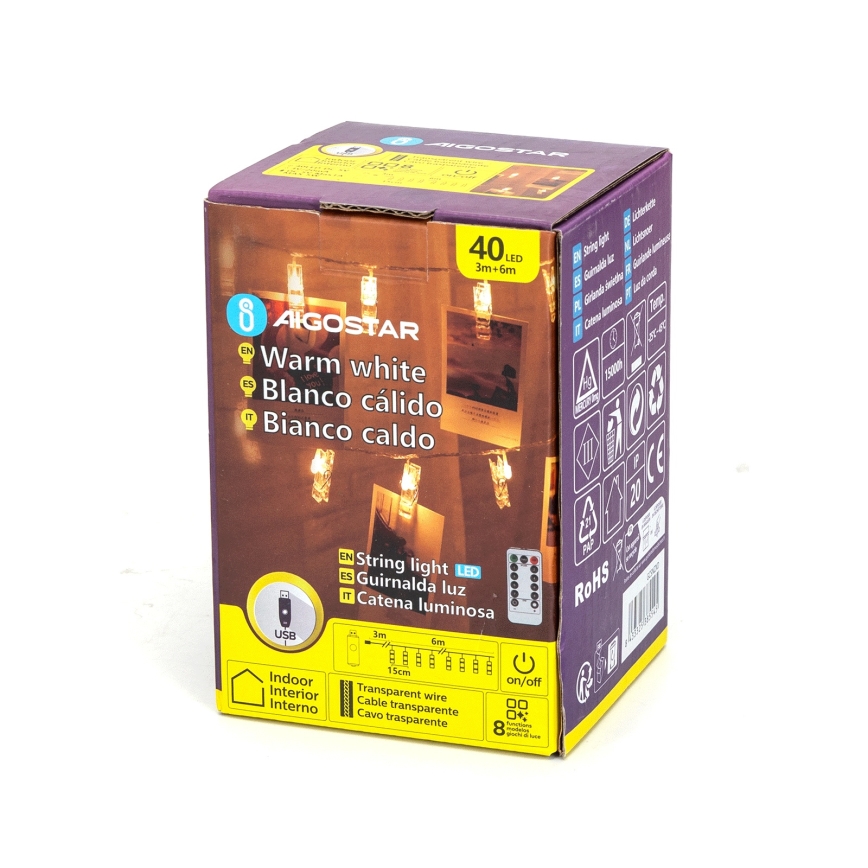 Aigostar - LED dekoratīvais virtenis 40xLED/5W/USB 9 m siltā balta