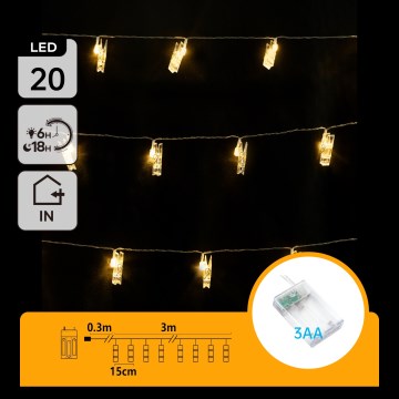 Aigostar - LED dekoratīvs virtenis ar knaģiem 20xLED/3xAA 3,3m silta balta