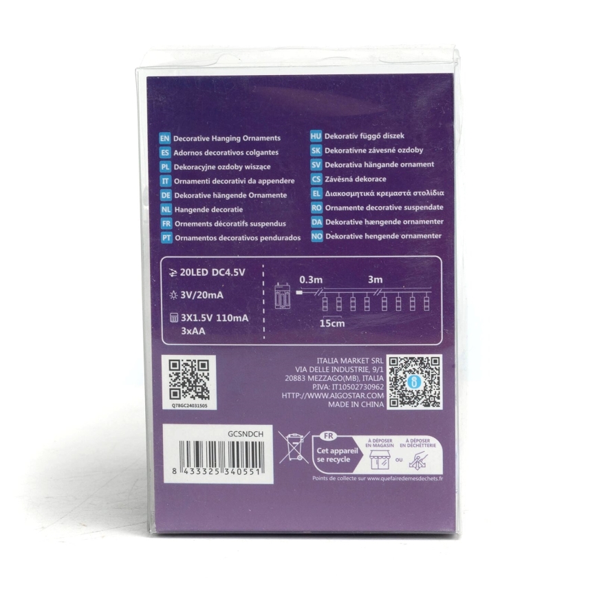 Aigostar - LED dekoratīvs virtenis ar knaģīšiem 20xLED/3xAA 3,3m silti balta