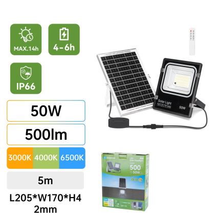 Aigostar - LED saules prožektors ar regulējamu spilgtumu LED/50W/3,2V 1200mAh 3000K/4000K/6500K IP66 + tālvadība