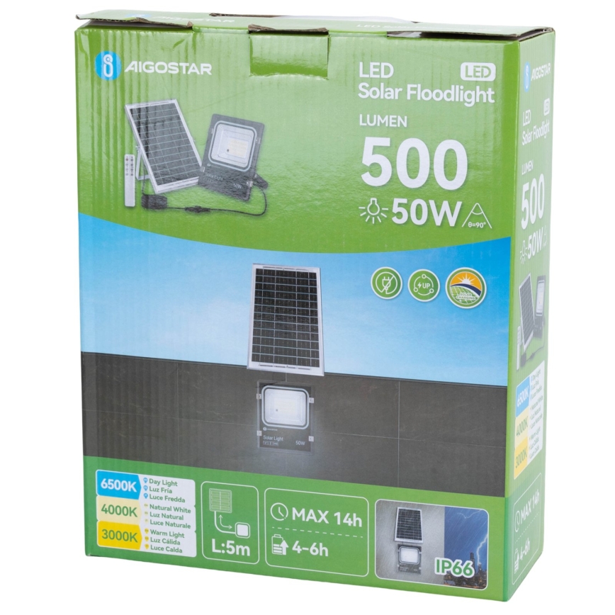 Aigostar - LED saules prožektors ar regulējamu spilgtumu LED/50W/3,2V 1200mAh 3000K/4000K/6500K IP66 + tālvadība