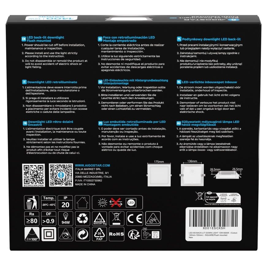 Aigostar - LED Griestu gaismeklis LED/12W/230V 6500K 17,5x17,5 cm balts