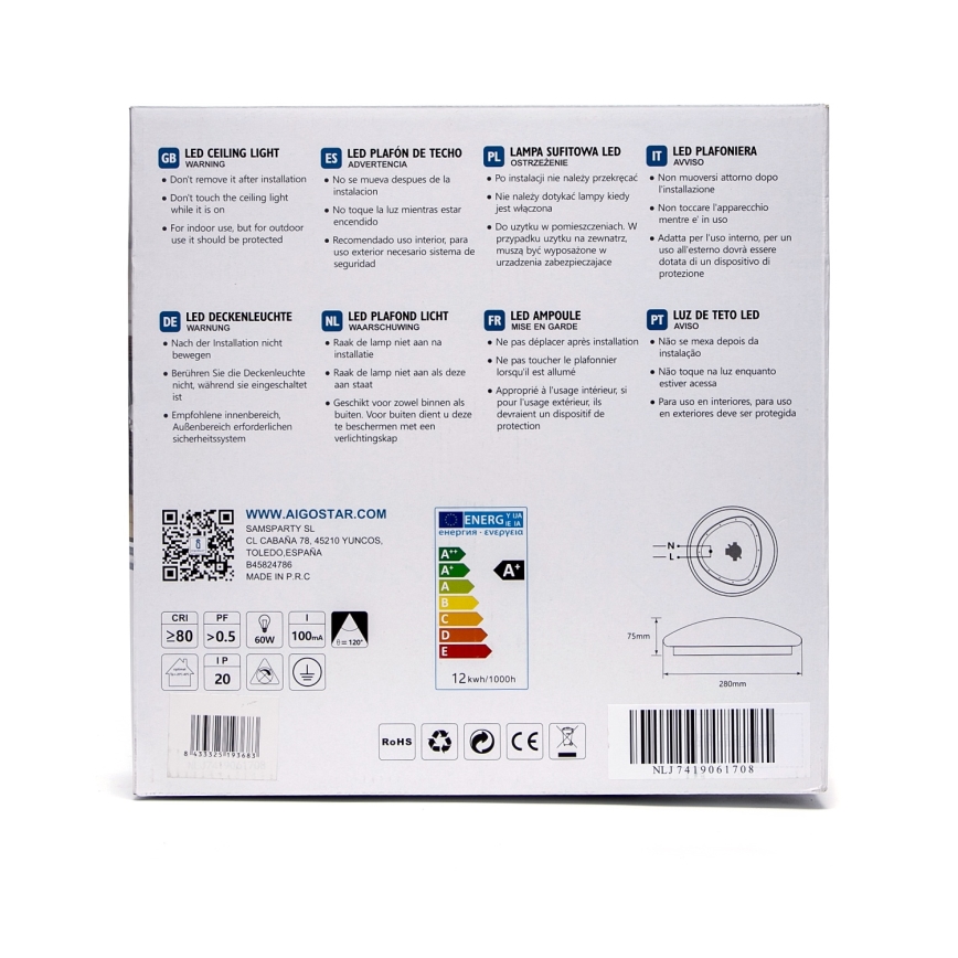 Aigostar - LED griestu lampa ar sensoru LED/12W/230V 3000K Ø 28 cm