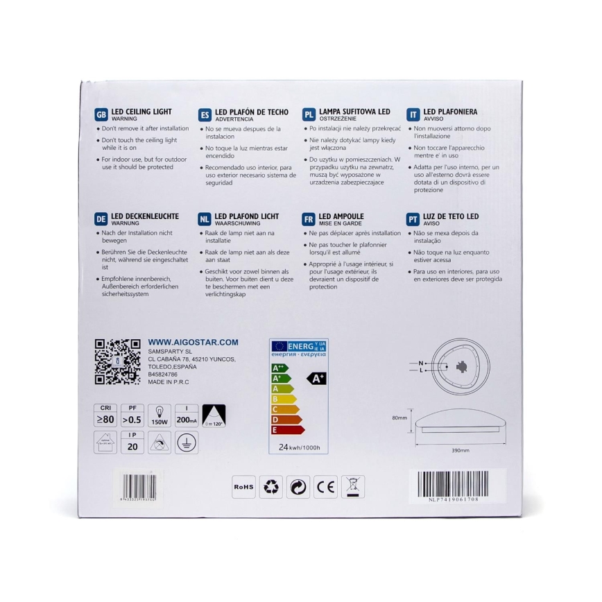 Aigostar - LED Griestu lampa ar sensoru LED/24W/230V 3000K