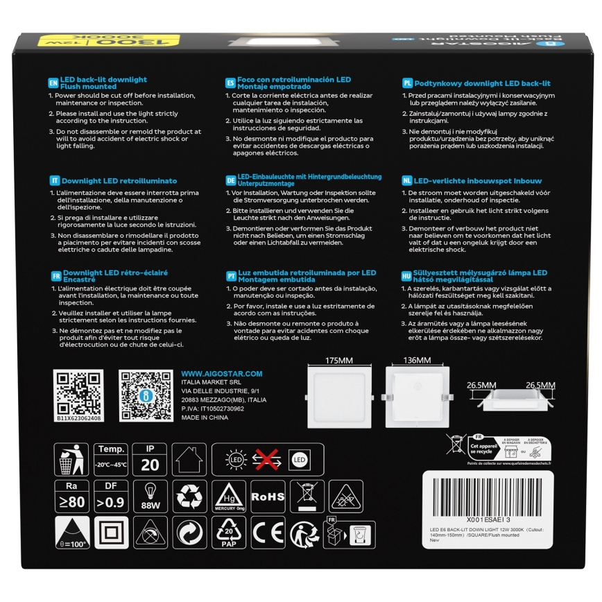 Aigostar - LED iebūvējamais griestu gaismeklis LED/12W/230V 3000K 17,5x17,5 cm balts