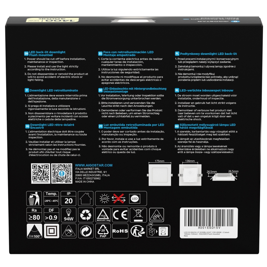 Aigostar - LED iebūvējams griestu gaismeklis LED/12W/230V 4000K 17,5x17,5 cm balts