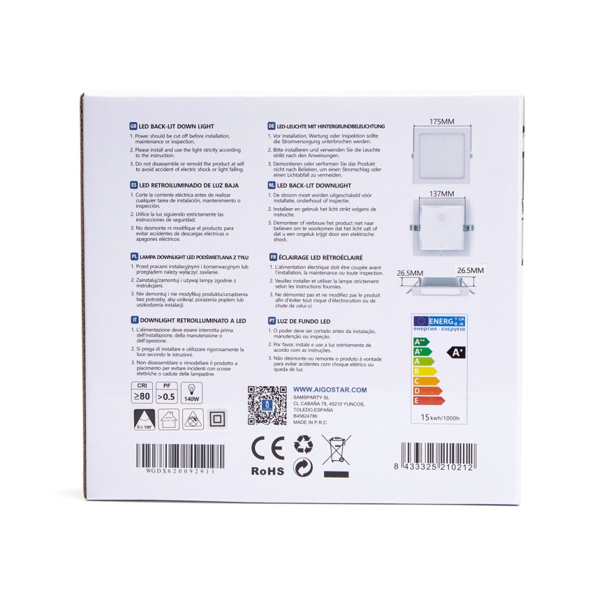 Aigostar - LED Iegremdējama lampa LED/15W/230V 17,5x17,5 cm 3000K balta