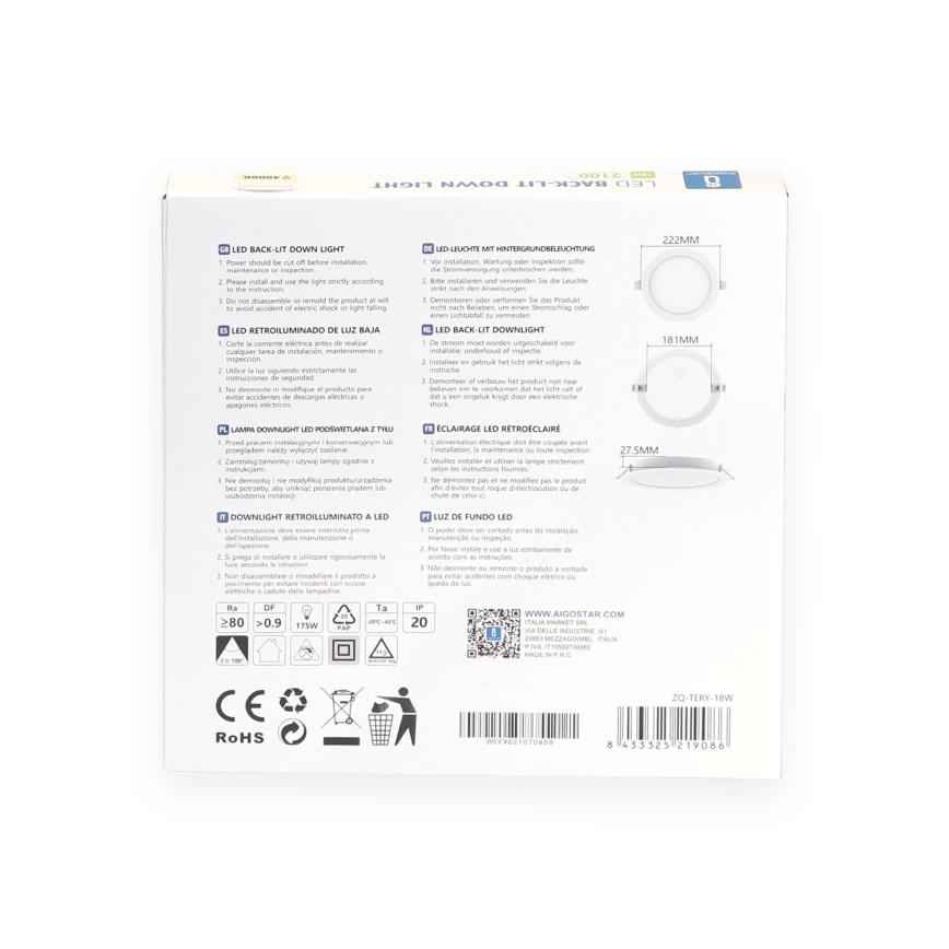 Aigostar - LED Iegremdējama lampa LED/18W/230V 4000K d. 22 cm balta