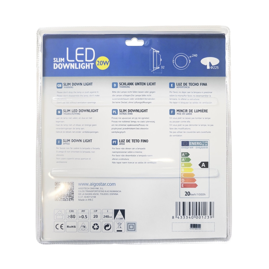 Aigostar - LED Iegremdējama lampa ULTRATHIN LED/20W/230V 3000K matēts hroms