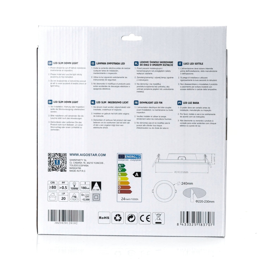 Aigostar - LED Iegremdējama lampa ULTRATHIN LED/24W/230V 4000K balta