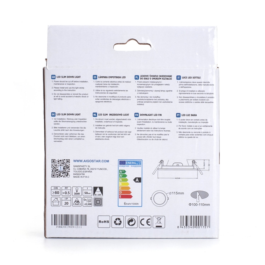 Aigostar - LED Iegremdējama lampa ULTRATHIN LED/6W/230V 3000K balta