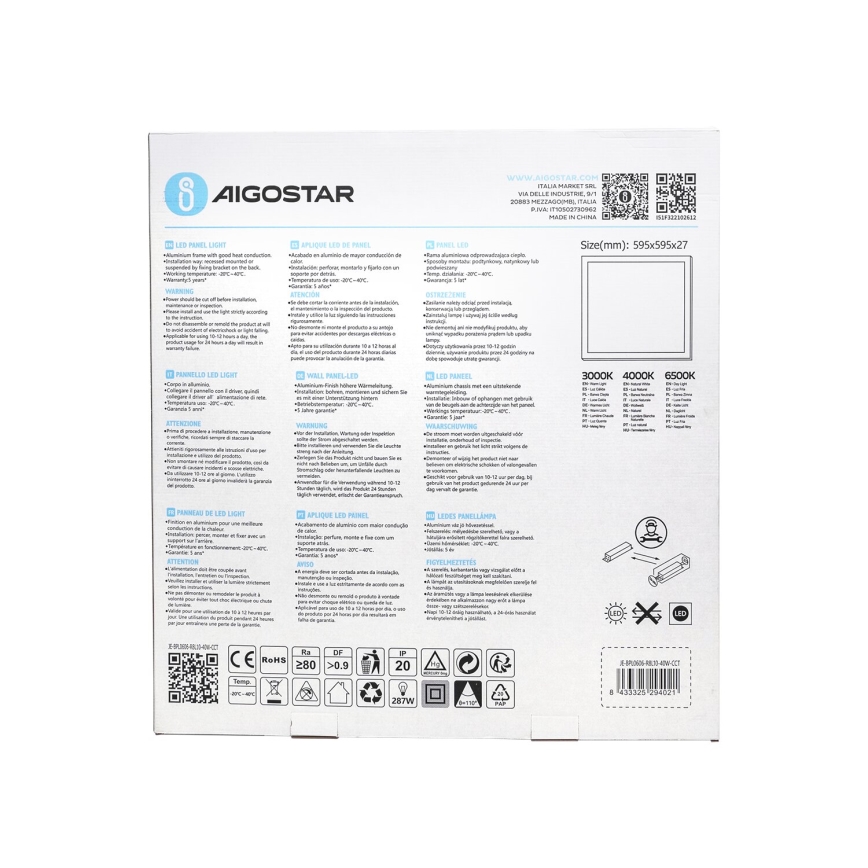 Aigostar - LED Iegremdējams panelis LED/40W/230V 3000K/4000K/6500K 60x60cm balta