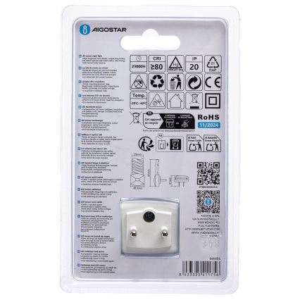 Aigostar - LED Nakts lampiņa ar krēslas sensoru LED/0,2W/230V 6500K