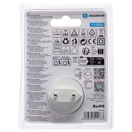 Aigostar - LED Nakts lampiņa ar krēslas sensoru LED/0,5W/230V 3000K
