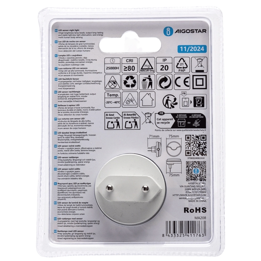 Aigostar - LED Nakts lampiņa ar krēslas sensoru LED/0,5W/230V 3000K