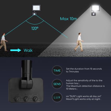 Aigostar - LED Prožektors ar sensoru LED/10W/230V 4000K IP65 melns