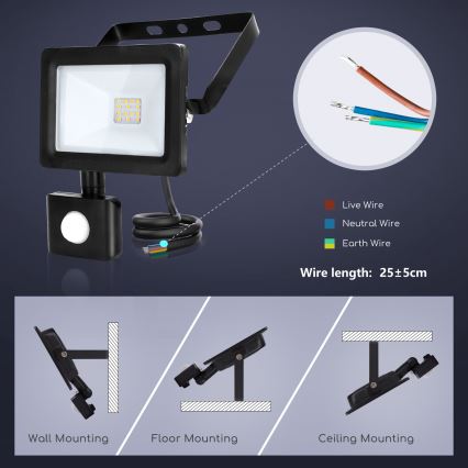 Aigostar - LED Prožektors ar sensoru LED/10W/230V 4000K IP65 melns