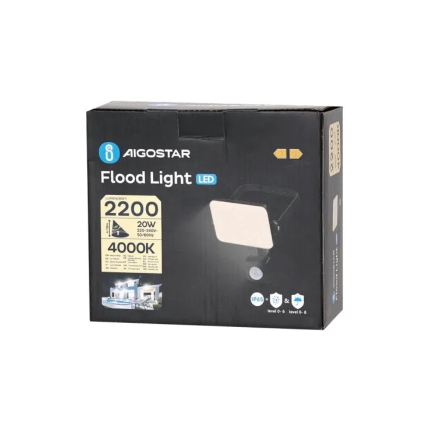 Aigostar - LED Prožektors ar sensoru LED/20W/230V 4000K IP65 melna