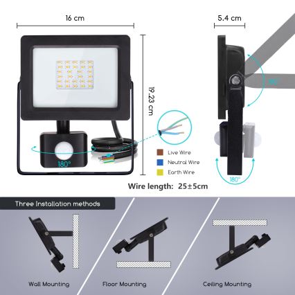 Aigostar - LED Prožektors ar sensoru LED/20W/230V 4000K IP65 melns