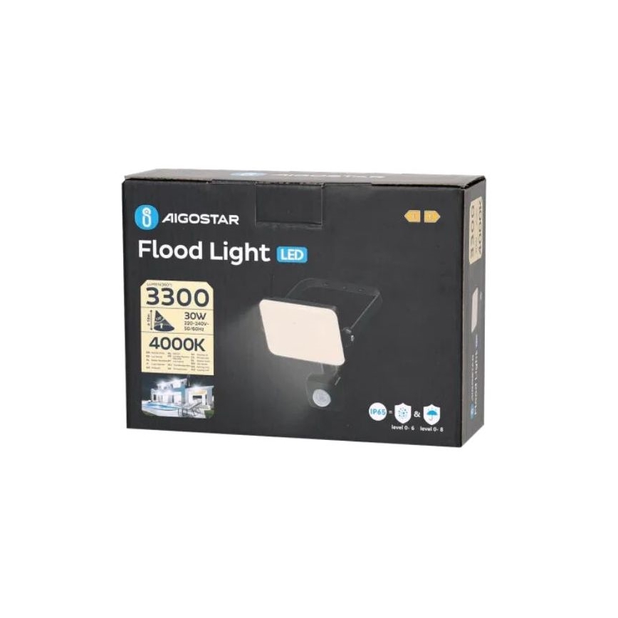 Aigostar - LED Prožektors ar sensoru LED/30W/230V 4000K IP65 melna